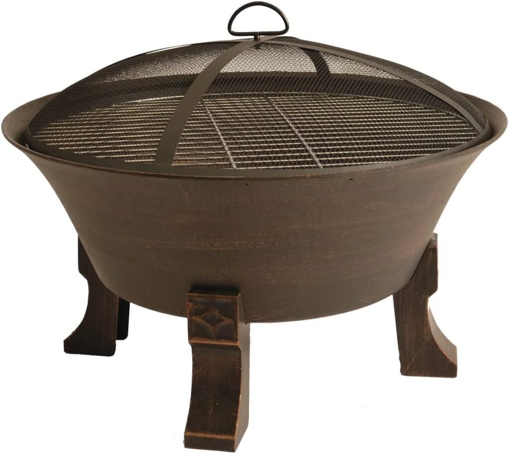 Fire Pit for Outdoor Use, Wood Burning, Includes Cooking Grid, Weather Cover, Spark Screen, and Poker (26-Inch Bronze Bowl)