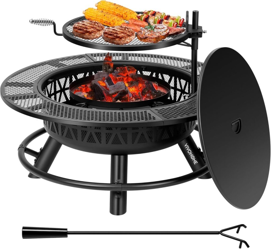 VIVOHOME 35 Inch Fire Pit with Cooking Grill Grate  Charcoal Pan, 3-in-1 Wood Burning Firepits with Cover Lid, Metal Table for Backyard Bonfire BBQ Outdoor Camping Picnic