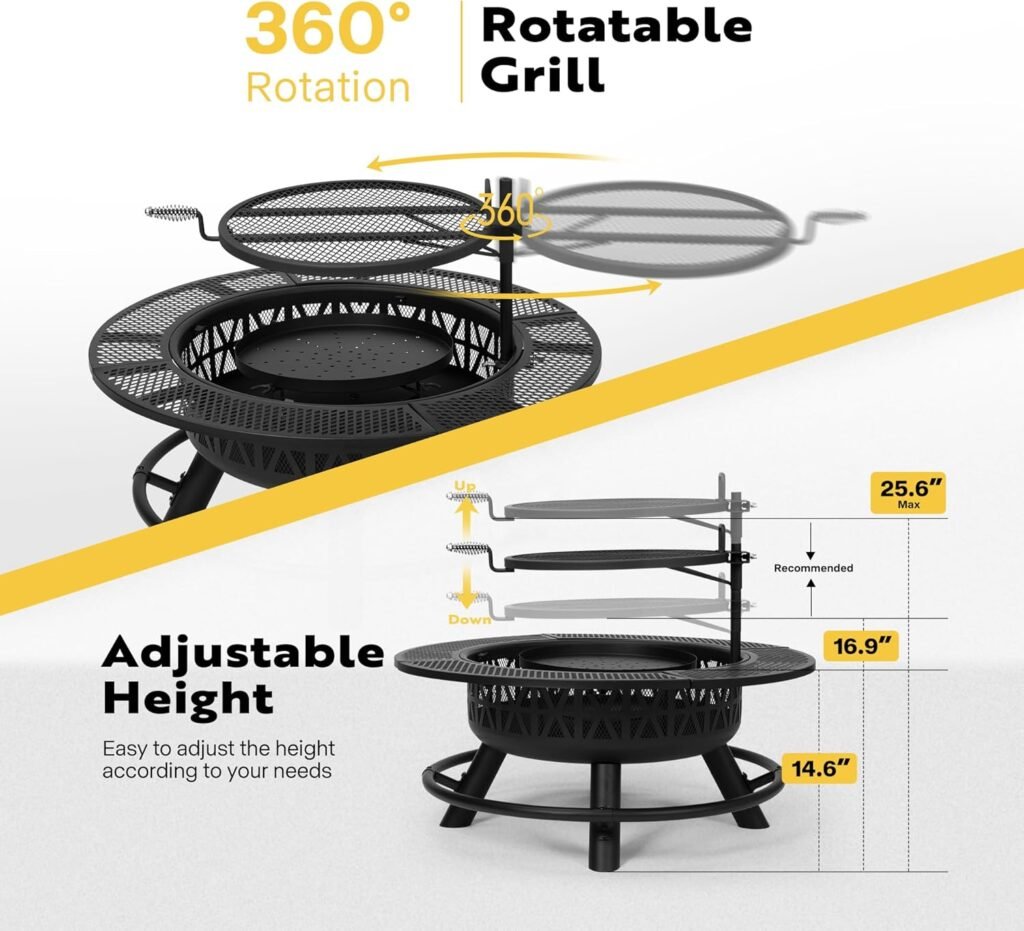 VIVOHOME 35 Inch Fire Pit with Cooking Grill Grate  Charcoal Pan, 3-in-1 Wood Burning Firepits with Cover Lid, Metal Table for Backyard Bonfire BBQ Outdoor Camping Picnic