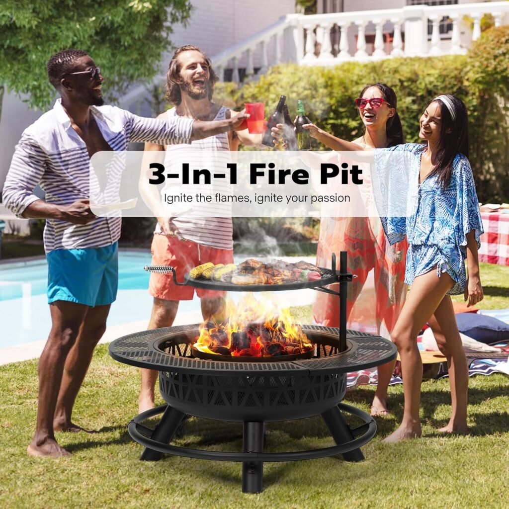 VIVOHOME 35 Inch Fire Pit with Cooking Grill Grate  Charcoal Pan, 3-in-1 Wood Burning Firepits with Cover Lid, Metal Table for Backyard Bonfire BBQ Outdoor Camping Picnic