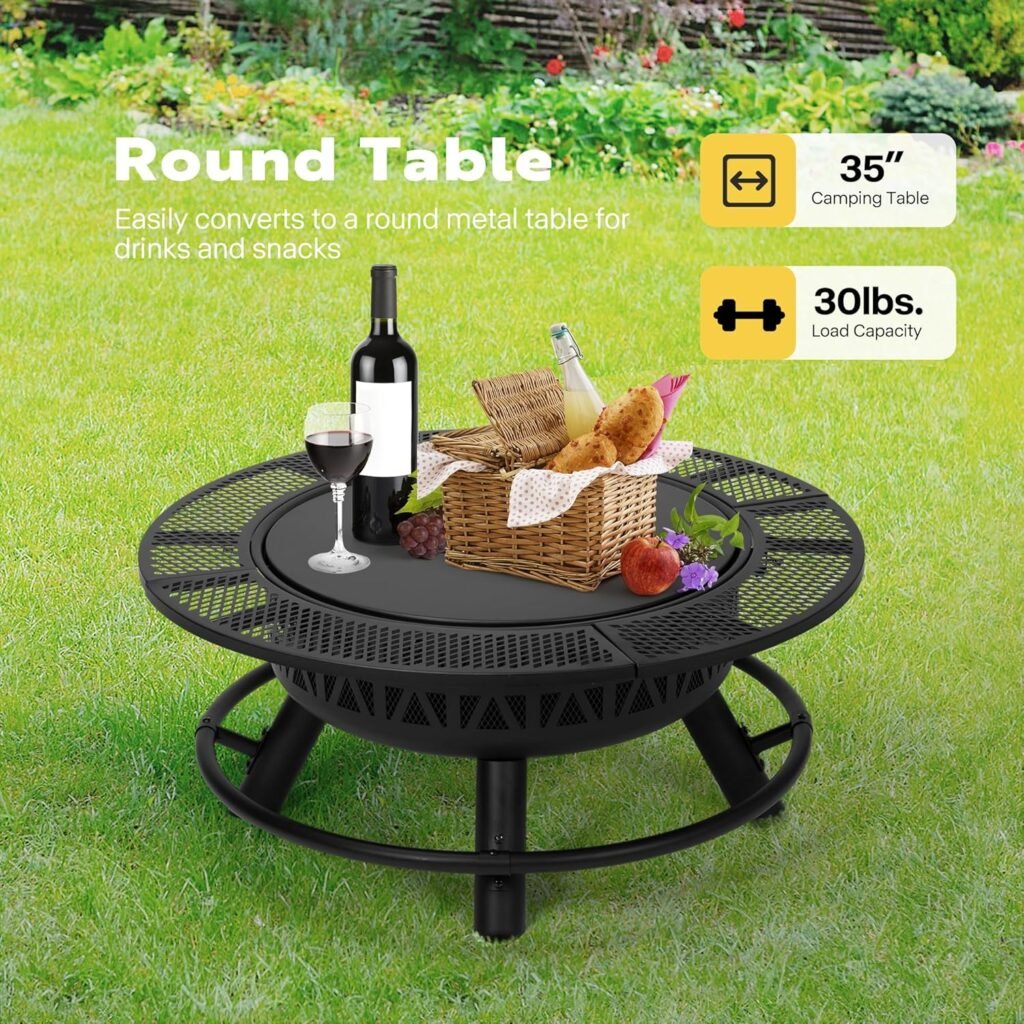 VIVOHOME 35 Inch Fire Pit with Cooking Grill Grate  Charcoal Pan, 3-in-1 Wood Burning Firepits with Cover Lid, Metal Table for Backyard Bonfire BBQ Outdoor Camping Picnic