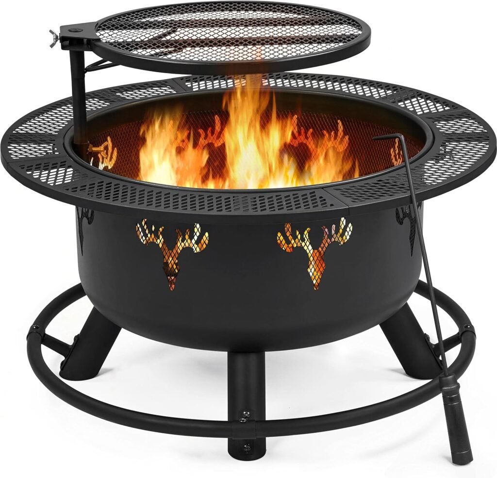 Yaheetech 32in Fire Pit Outdoor Wood Burning Firepits Outdoor Fireplace with 18.5 Inch Swivel Cooking Grill Grate  Poker Fire Bowl for Camping, Backyard, BBQ, Garden, Bonfire