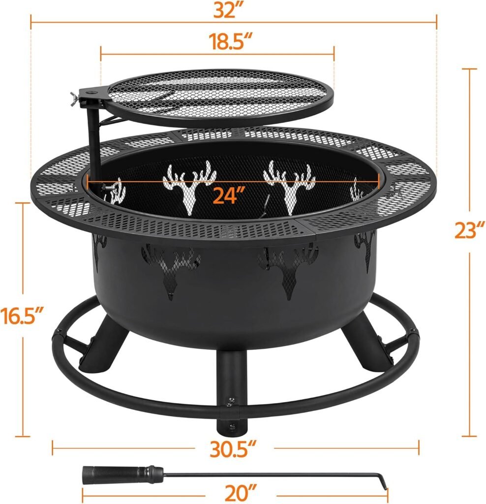 Yaheetech 32in Fire Pit Outdoor Wood Burning Firepits Outdoor Fireplace with 18.5 Inch Swivel Cooking Grill Grate  Poker Fire Bowl for Camping, Backyard, BBQ, Garden, Bonfire