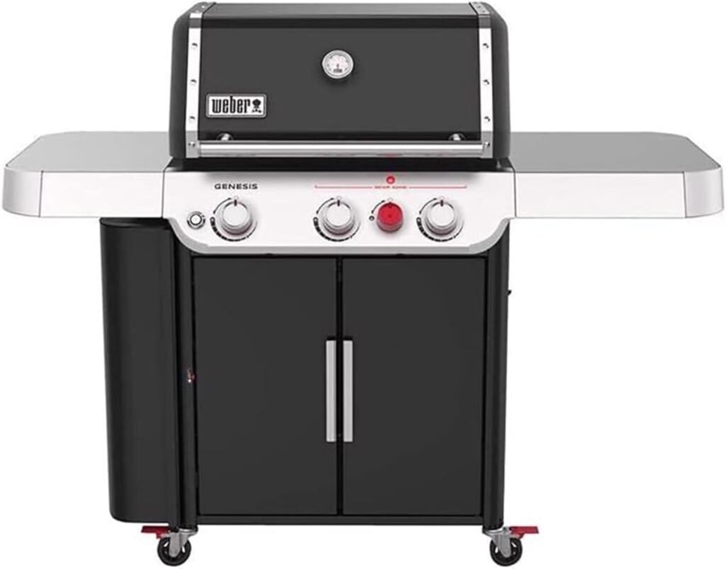 Weber Genesis SI E-330 Stainless Steel 3 Burner Liquid Propane Gas Grill 39,000 BTU with Extra Large Side Prep and Serve Tables, Black