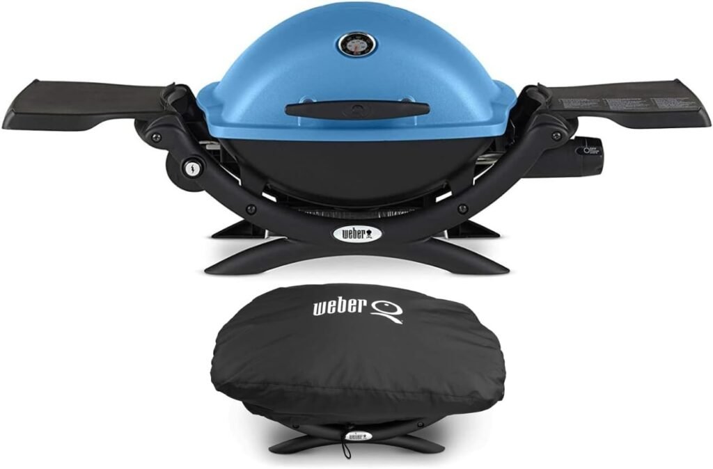 Weber Q 1200 Gas Grill (Blue) Bundle with Weber Grill Cover for Weber Q 100/1000 Series (2 Items)