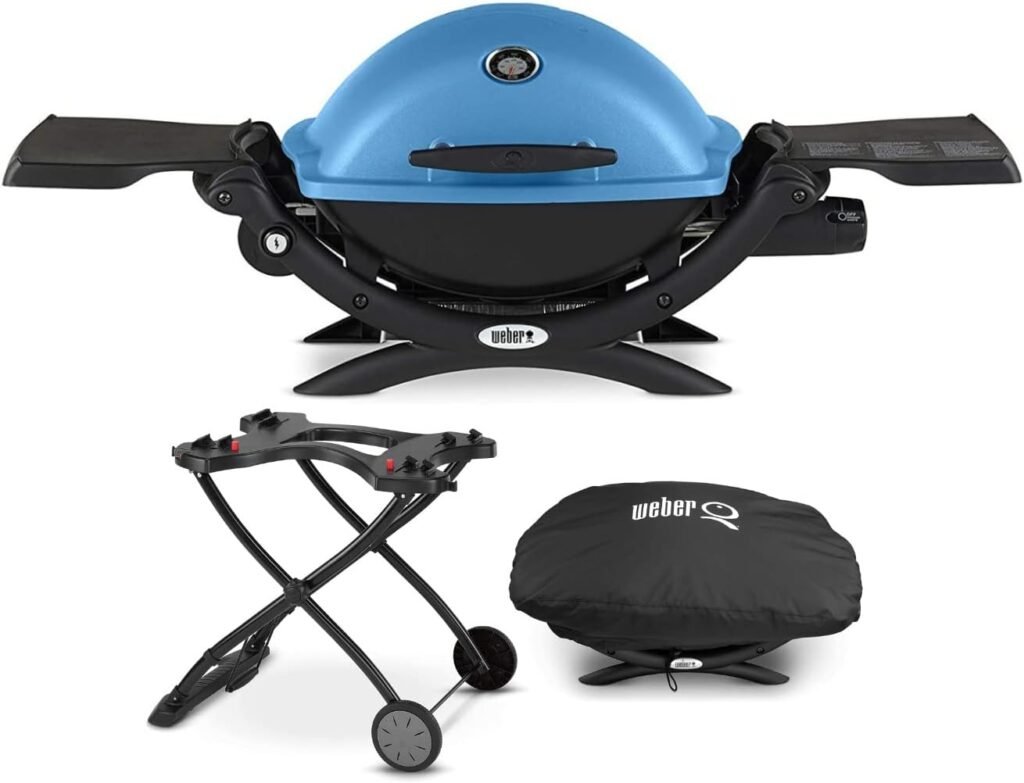 Weber Q 1200 Gas Grill - LP Gas (Blue) Bundle with Weber 6557 Q Portable Cart for Grilling and Weber Grill Cover for Weber Q 100/1000 Series (3 Items)