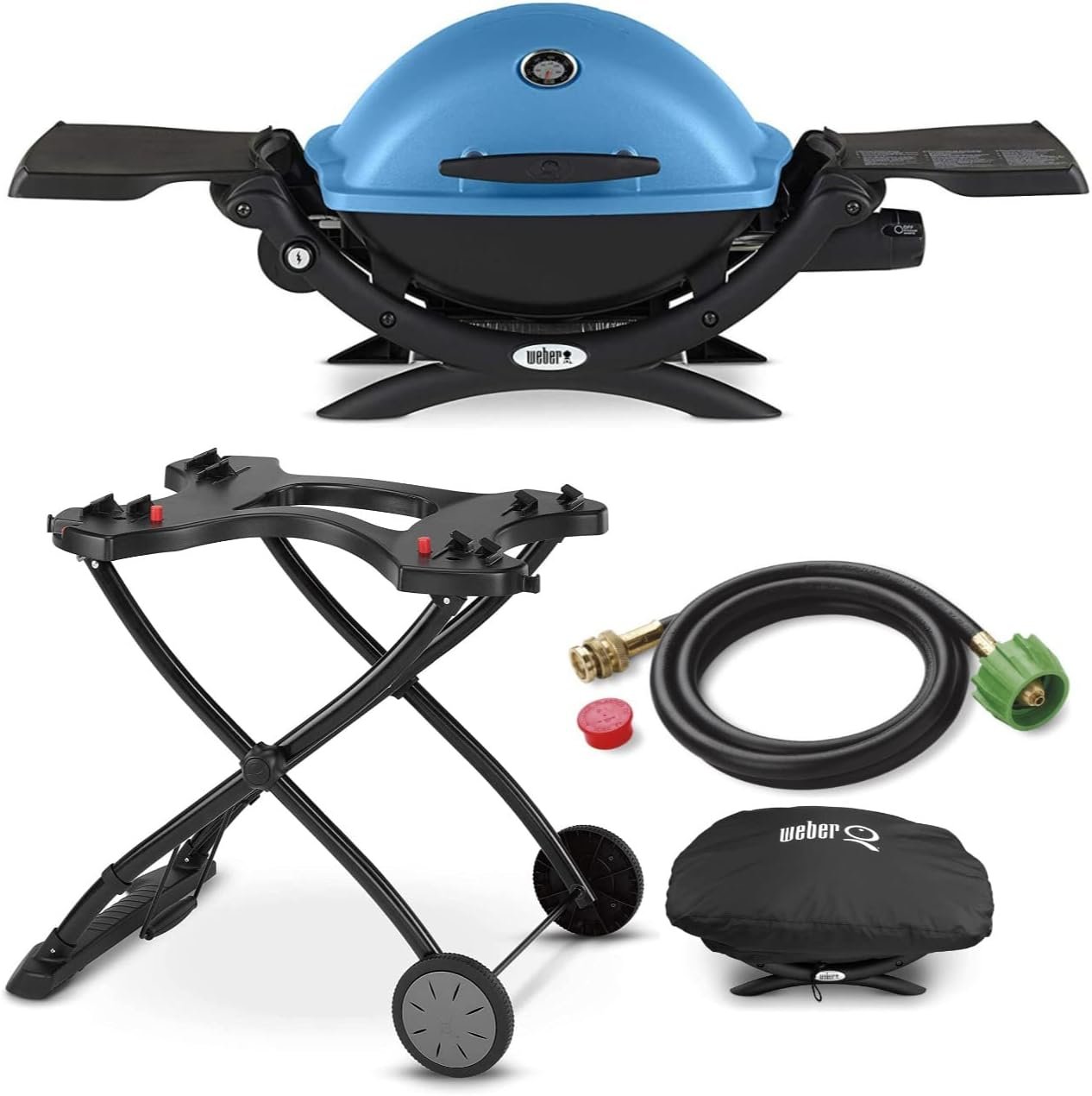 Weber Q 1200 Liquid Propane Grill (Blue) Bundle with Portable Cart, Adapter Hose and Grill Cover (4 Items)