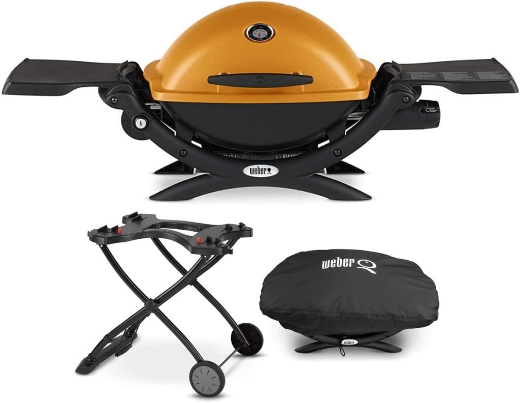 Weber Q 1200 Liquid Propane Grill (Orange) Bundle with Weber 6557 Q Portable Cart for Grilling and Weber Grill Cover for Weber Q 100/1000 Series (3 Items)