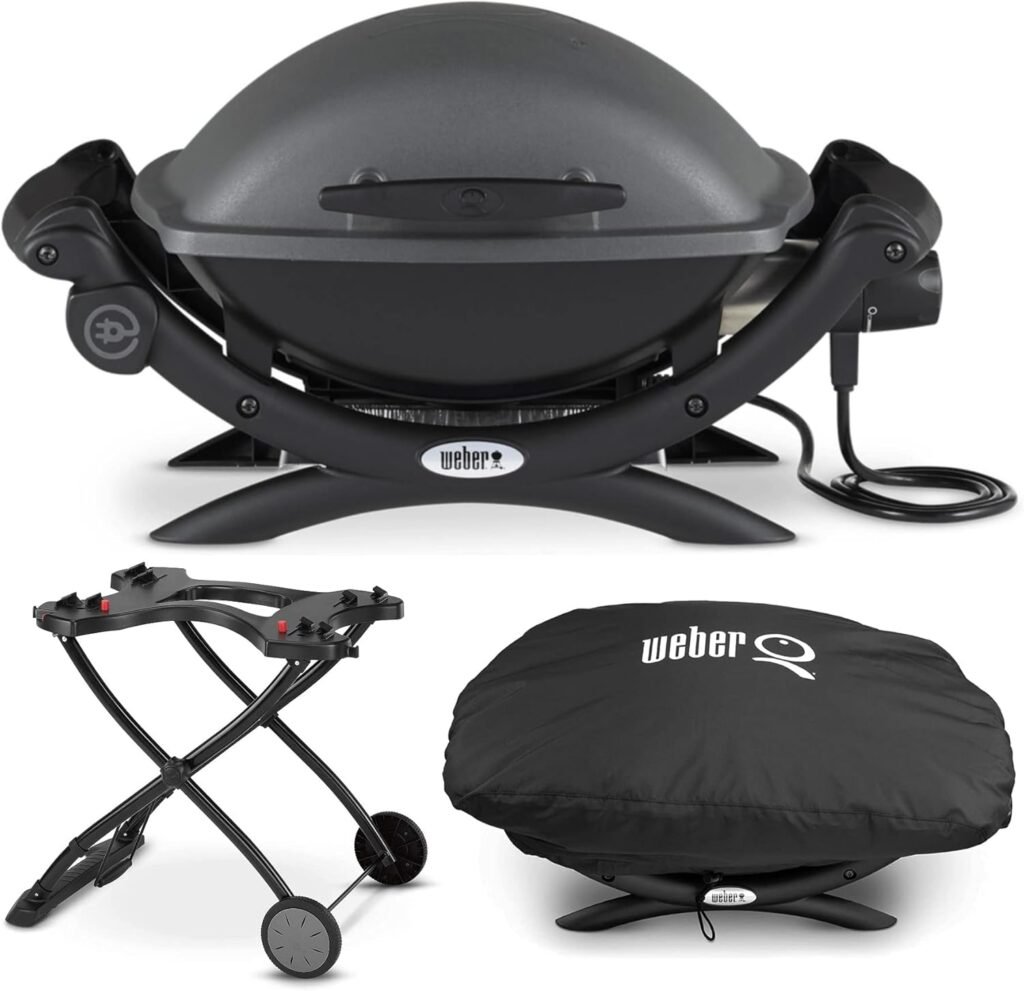 Weber Q 1400 Electric Grill (Black) with Portable Cart and Grill Cover Bundle (3 Items)