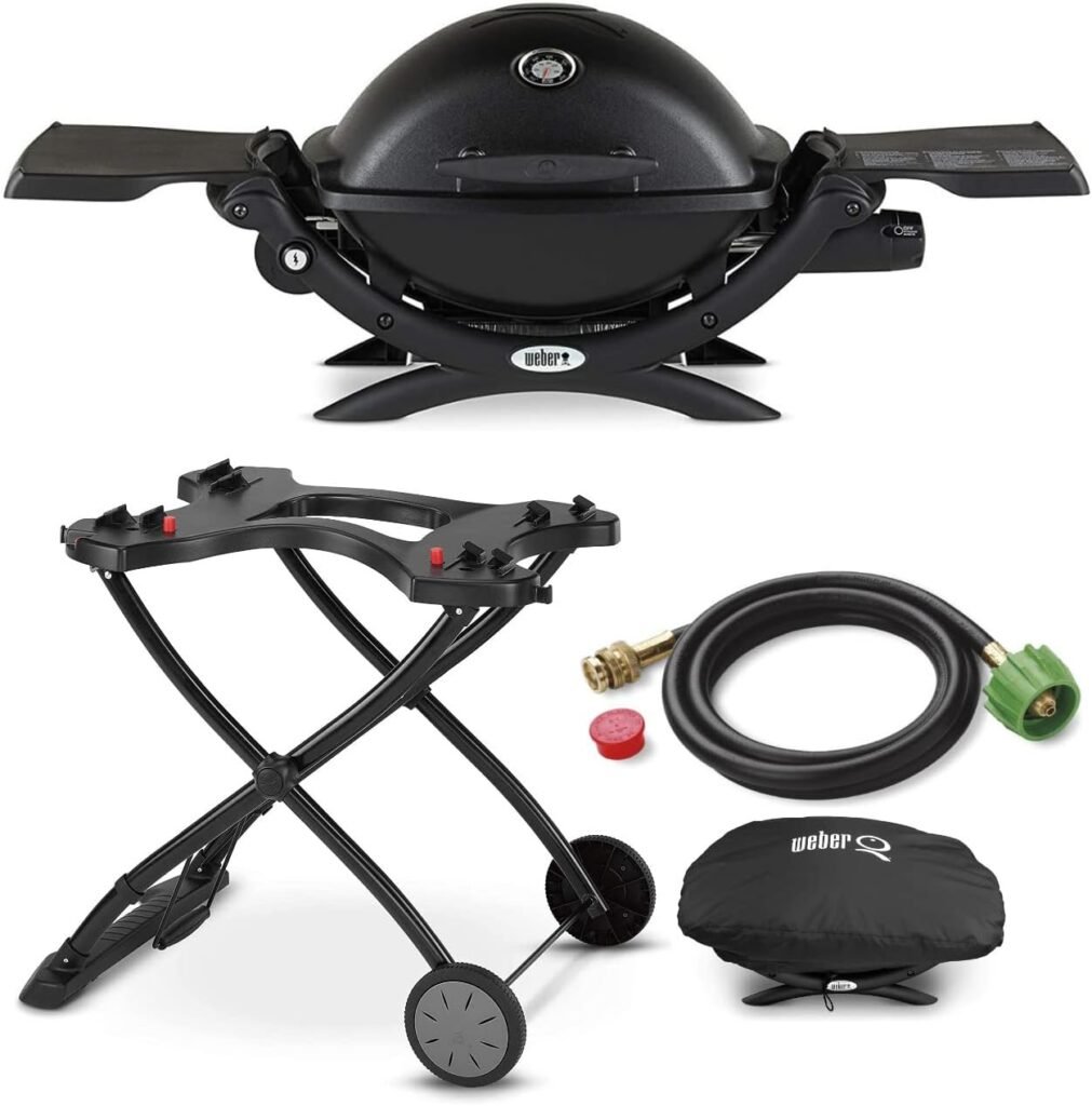 Weber Q1200 Liquid Propane Grill (Black) Bundle with Portable Cart, Adapter Hose, and Grill Cover (4 Items)