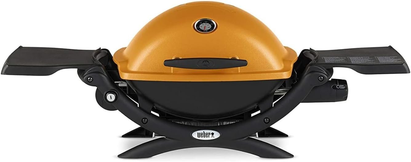 Weber Q1200 Liquid Propane Grill (Orange) Bundle with Adapter Hose and Grill Cover (3 Items)